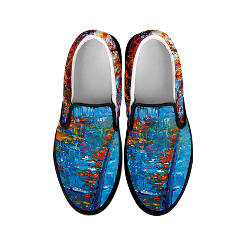 Autumn Painting Print Black Slip On Shoes