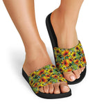 Autumn Sunflower Pattern Print Black Slide Sandals