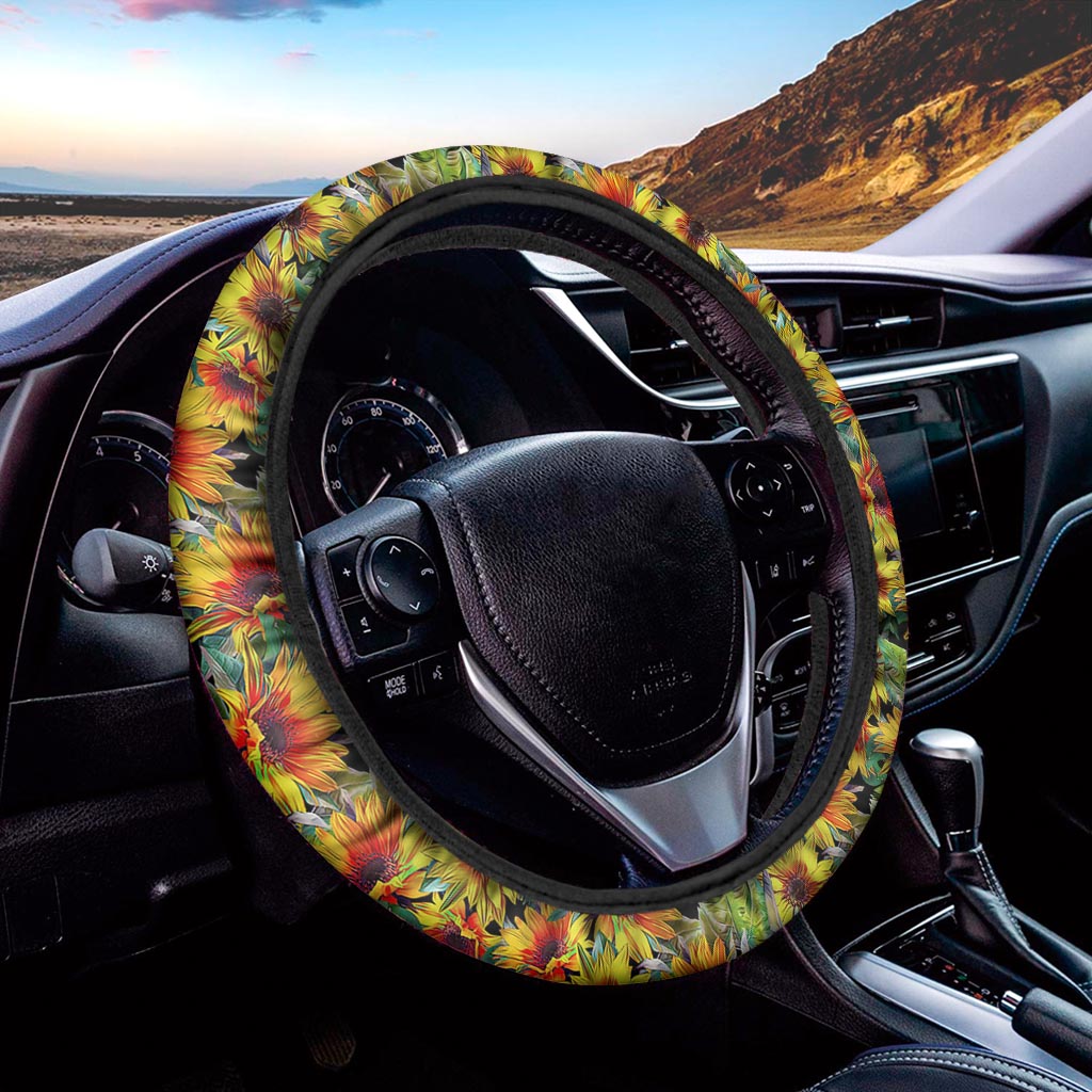 Autumn Sunflower Pattern Print Car Steering Wheel Cover