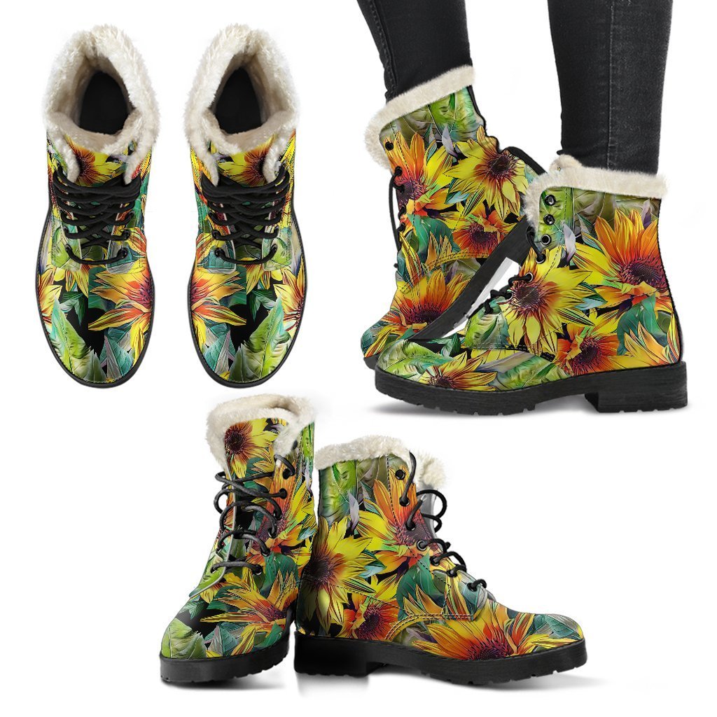 Autumn Sunflower Pattern Print Comfy Boots GearFrost