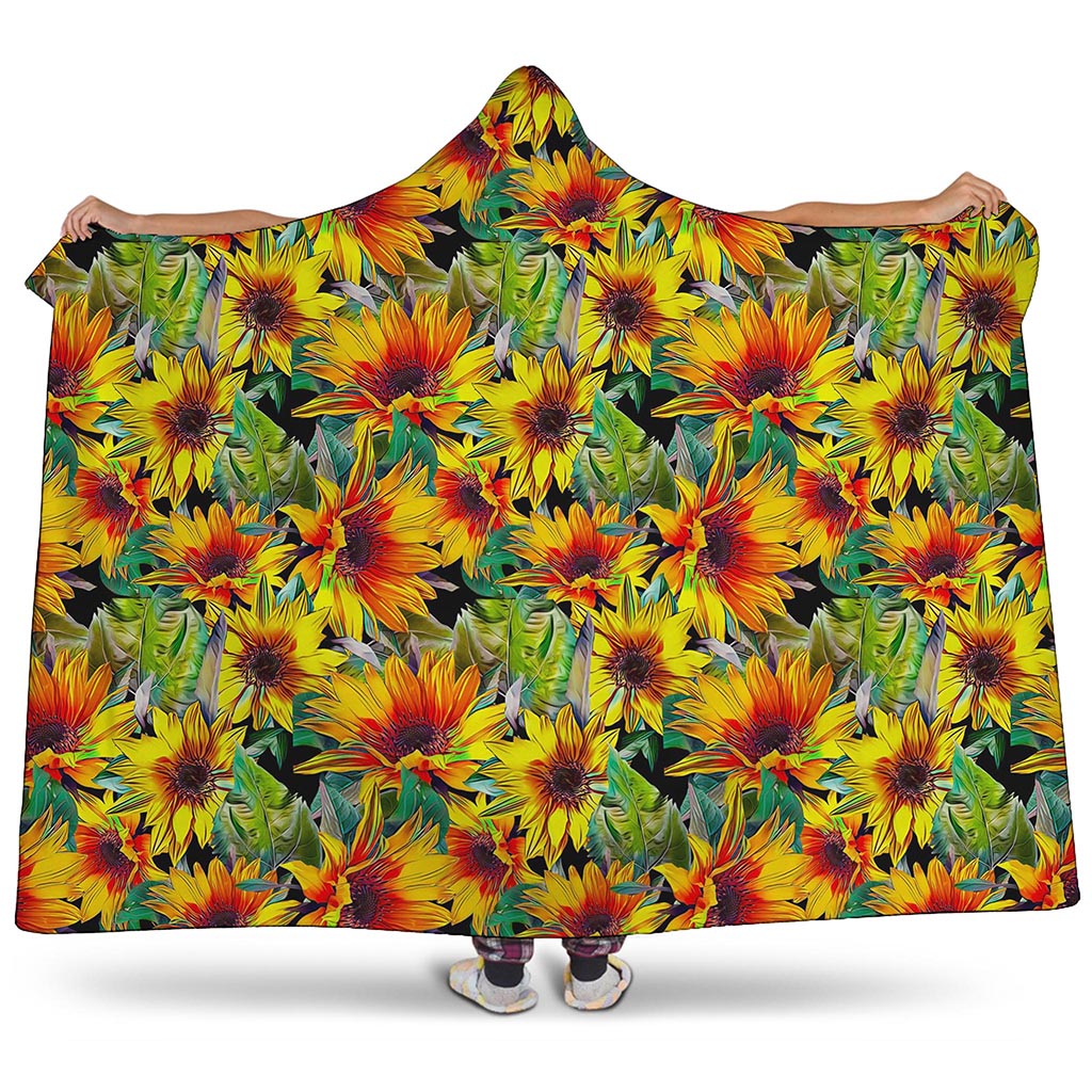 Autumn Sunflower Pattern Print Hooded Blanket