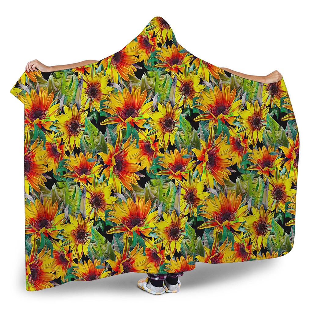Autumn Sunflower Pattern Print Hooded Blanket