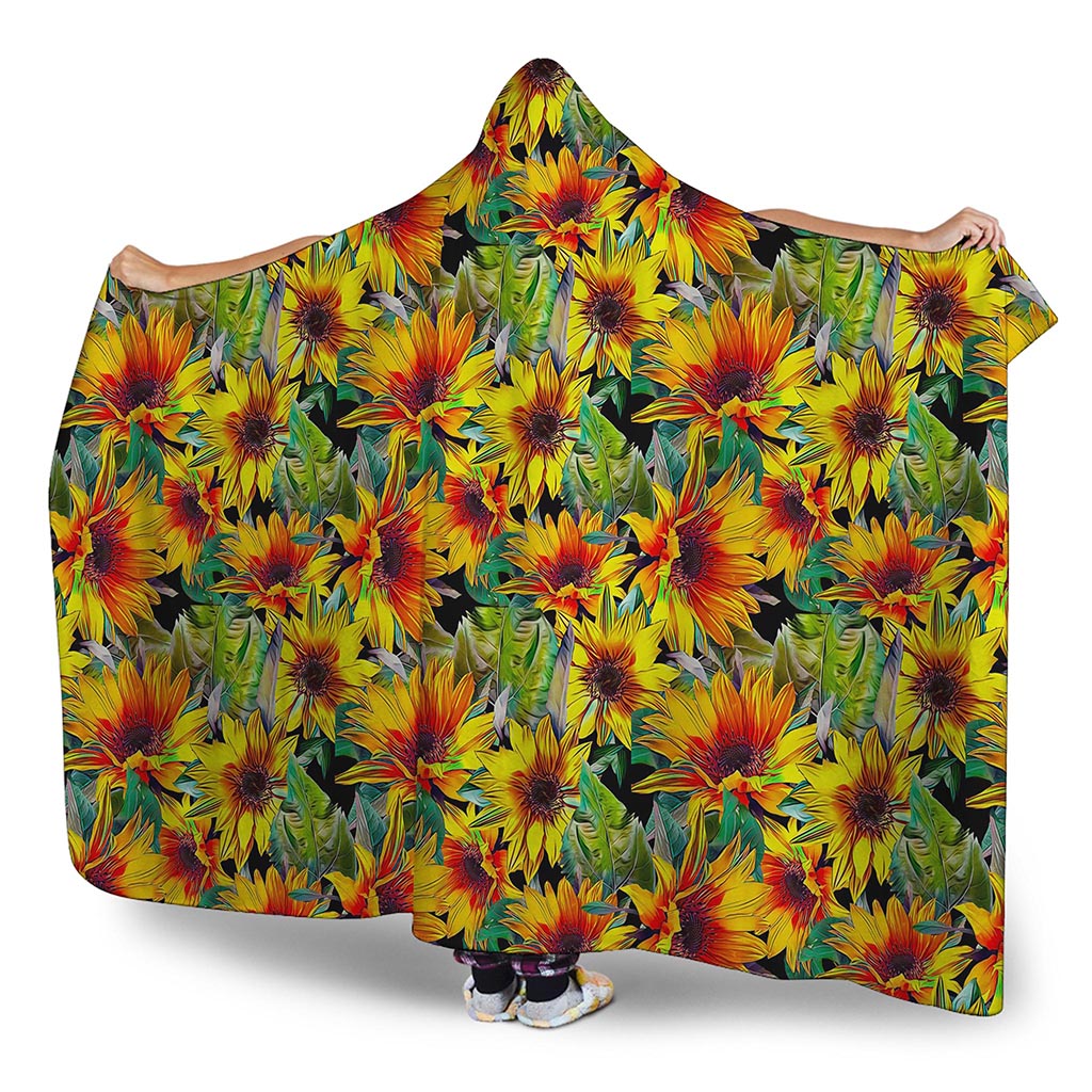 Autumn Sunflower Pattern Print Hooded Blanket