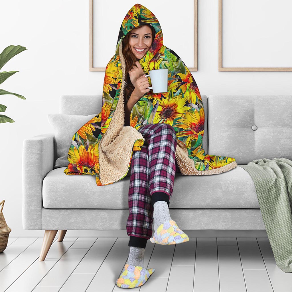 Autumn Sunflower Pattern Print Hooded Blanket