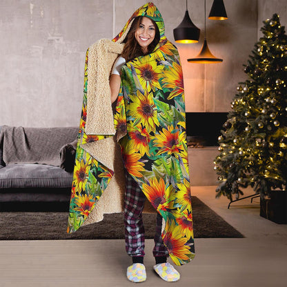 Autumn Sunflower Pattern Print Hooded Blanket