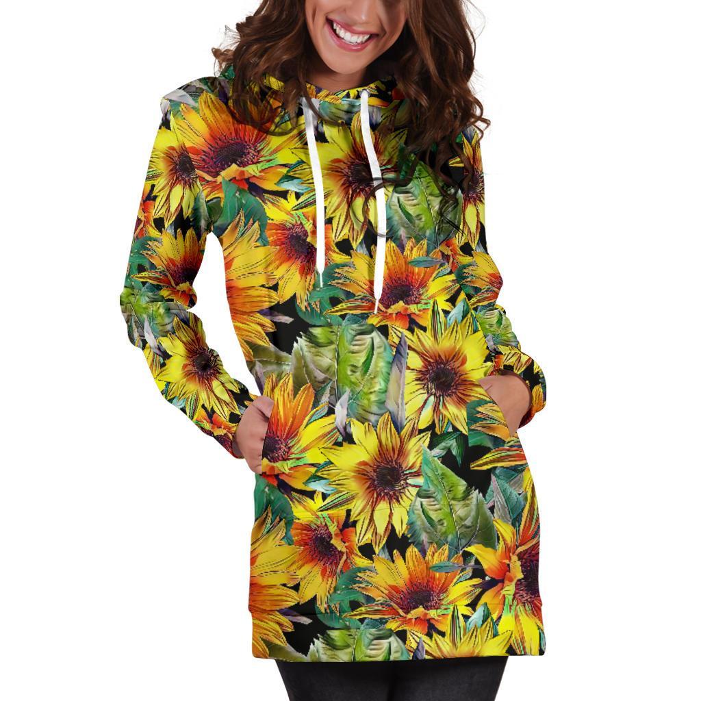 Autumn Sunflower Pattern Print Hoodie Dress GearFrost
