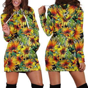 Autumn Sunflower Pattern Print Hoodie Dress GearFrost