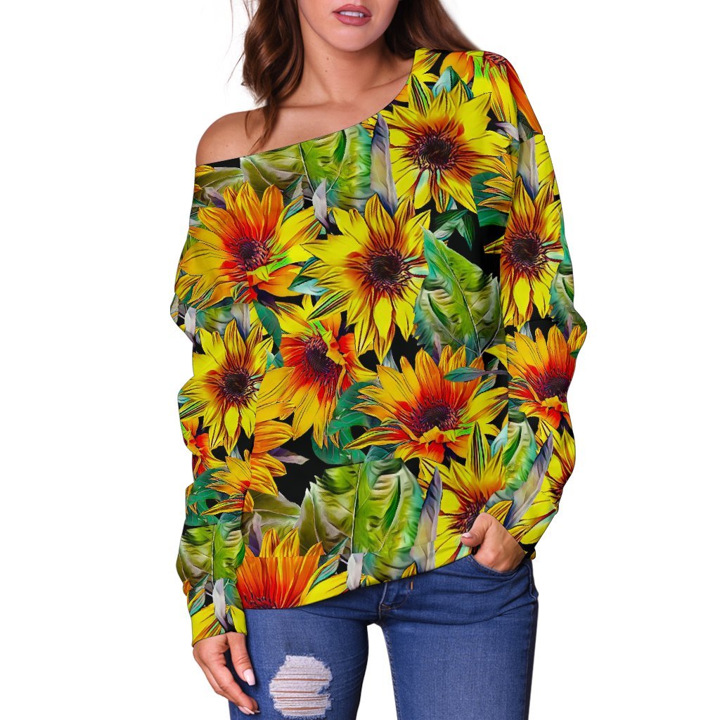 Autumn Sunflower Pattern Print Off Shoulder Sweatshirt GearFrost