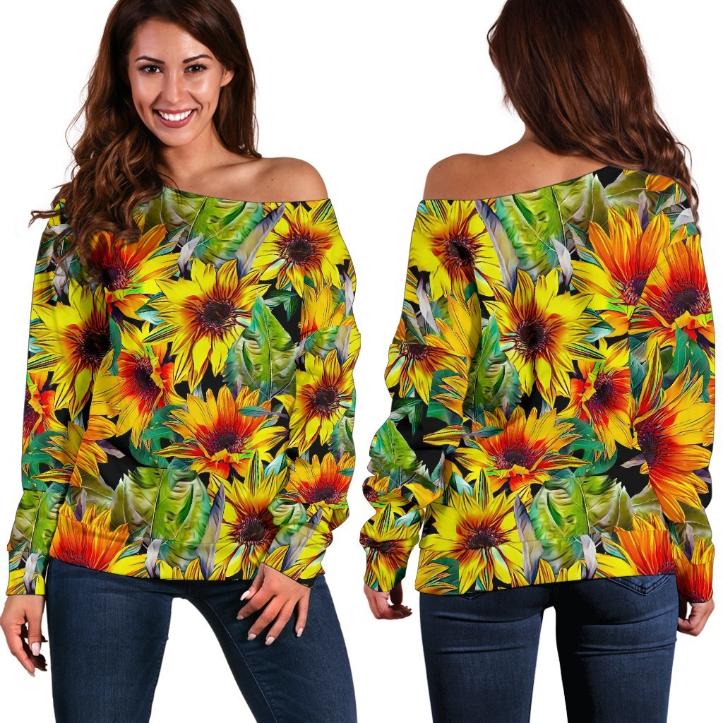 Autumn Sunflower Pattern Print Off Shoulder Sweatshirt GearFrost