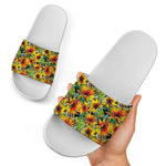 Autumn Sunflower Pattern Print White Slide Sandals