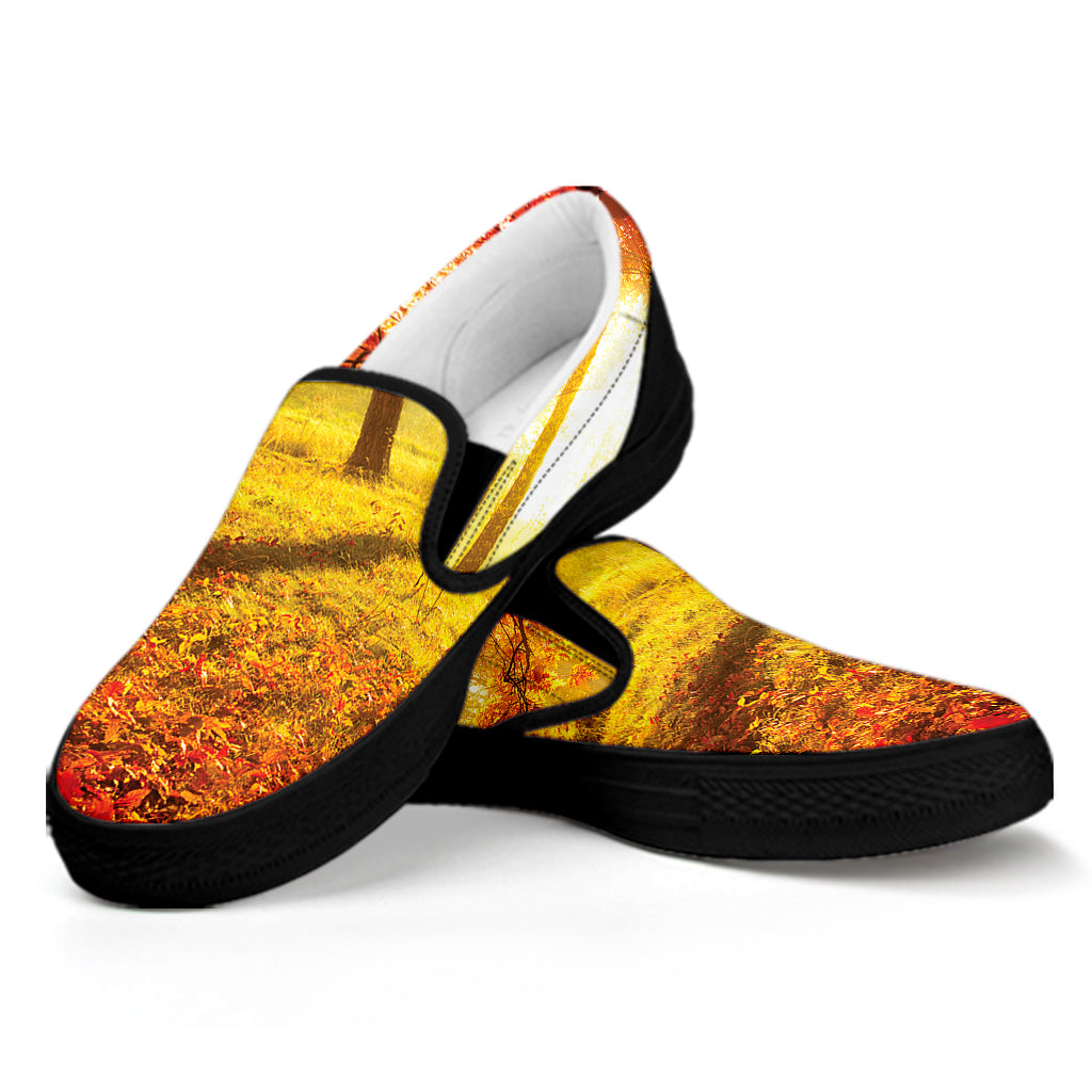 Autumn Trees Print Black Slip On Shoes