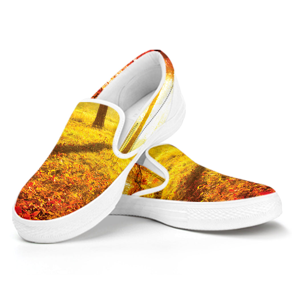 Autumn Trees Print White Slip On Shoes