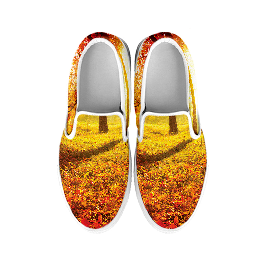 Autumn Trees Print White Slip On Shoes