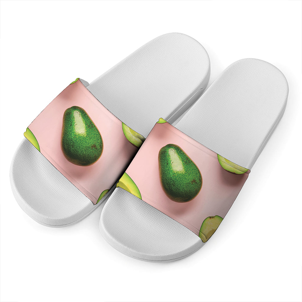 Avocado Cut In Half Pattern Print White Slide Sandals