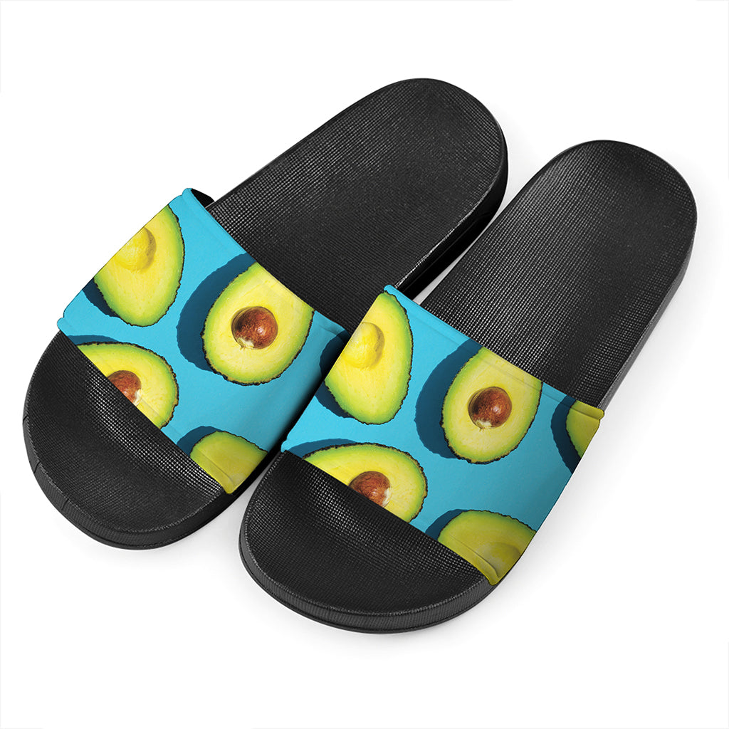 Avocado Cut In Half Print Black Slide Sandals