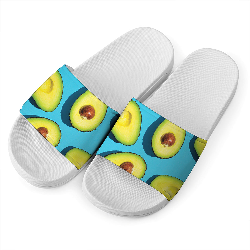 Avocado Cut In Half Print White Slide Sandals