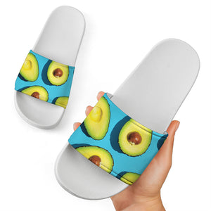 Avocado Cut In Half Print White Slide Sandals