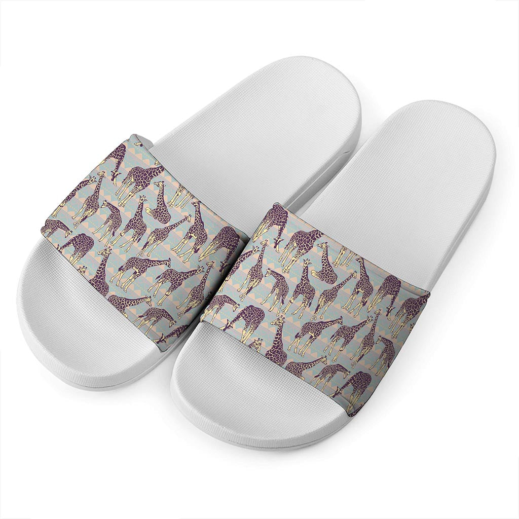Aztec Giraffe Pattern Print White Slide Sandals