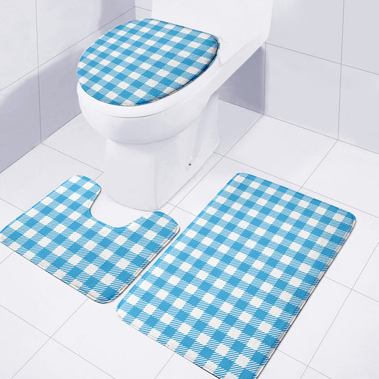 Azure Blue And White Gingham Print 3 Piece Bath Mat Set