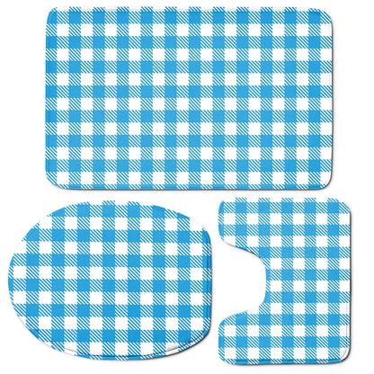 Azure Blue And White Gingham Print 3 Piece Bath Mat Set