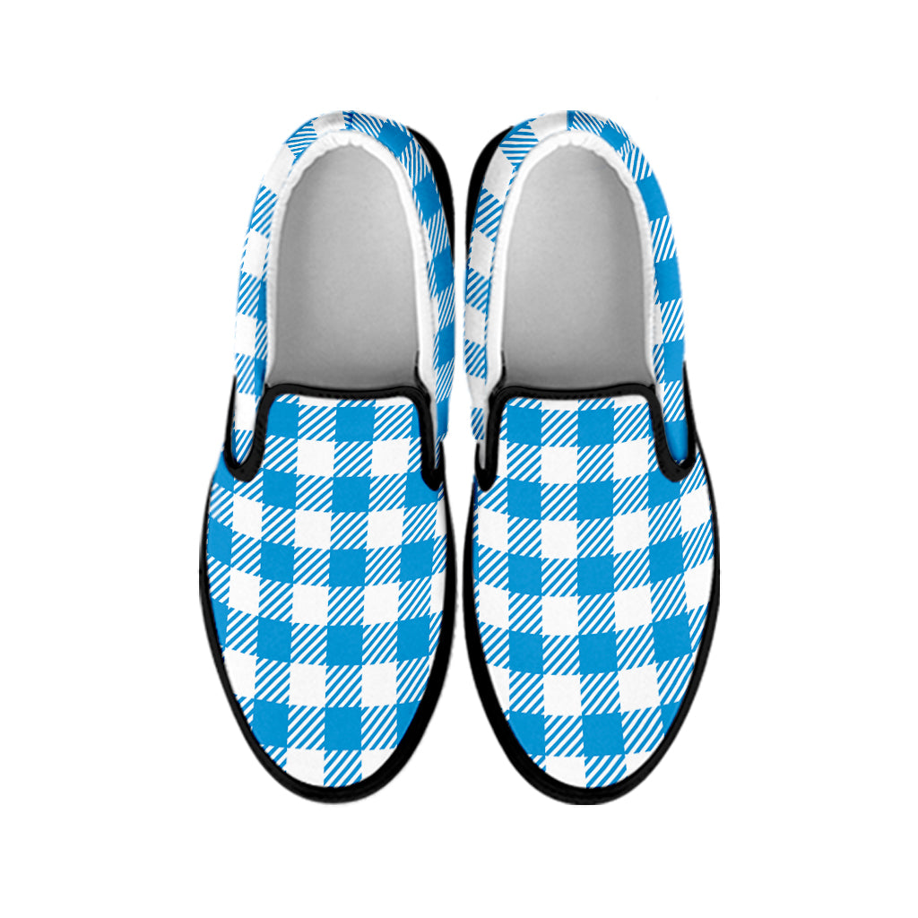 Azure Blue And White Gingham Print Black Slip On Shoes