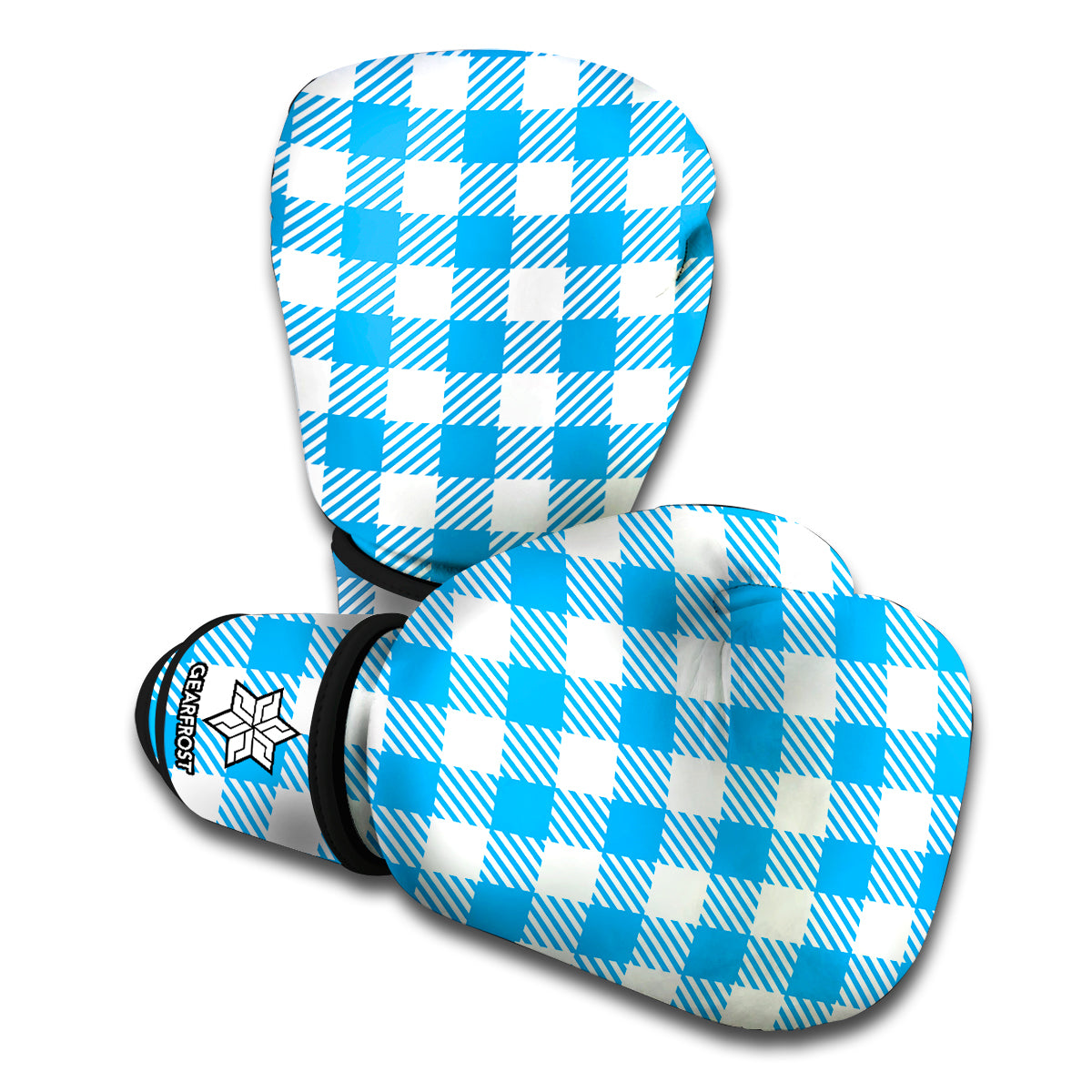 Azure Blue And White Gingham Print Boxing Gloves