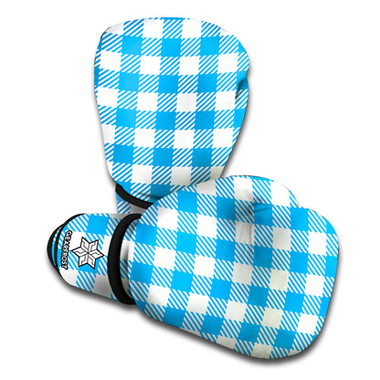 Azure Blue And White Gingham Print Boxing Gloves