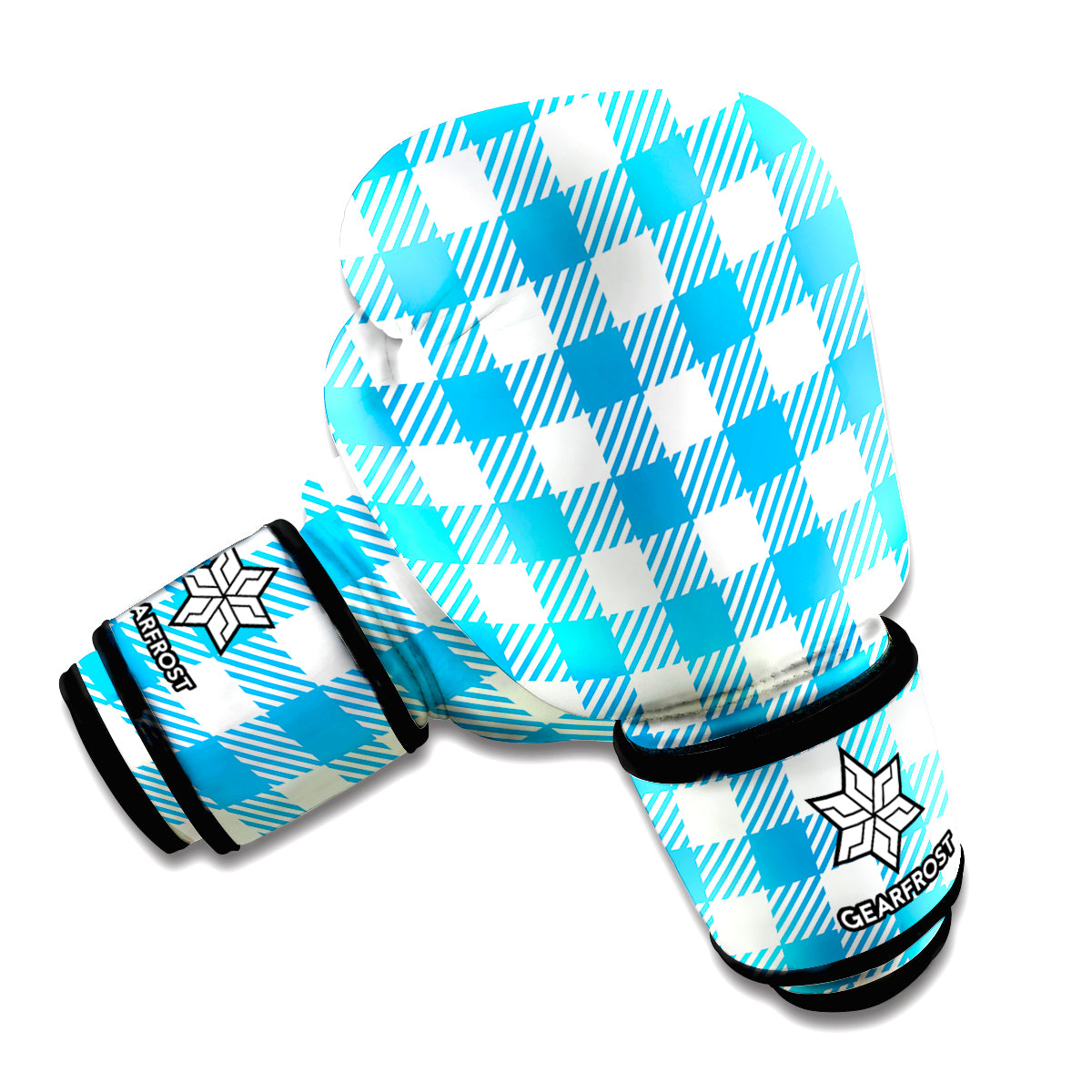 Azure Blue And White Gingham Print Boxing Gloves