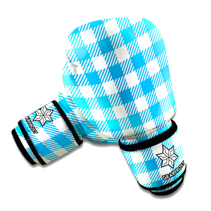 Azure Blue And White Gingham Print Boxing Gloves