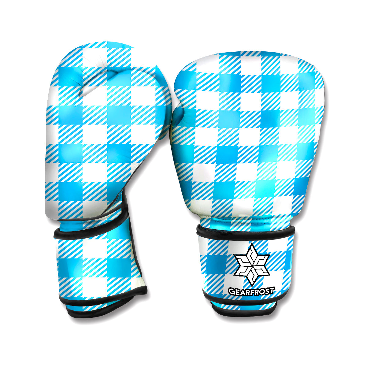 Azure Blue And White Gingham Print Boxing Gloves