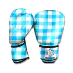 Azure Blue And White Gingham Print Boxing Gloves