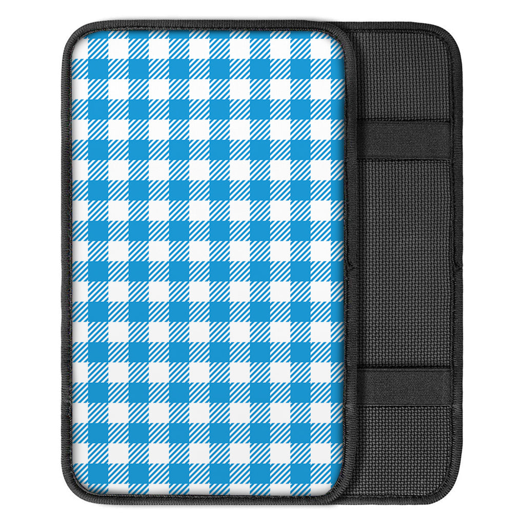 Azure Blue And White Gingham Print Car Center Console Cover