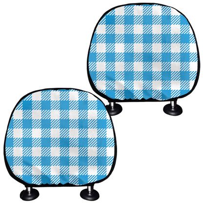Azure Blue And White Gingham Print Car Headrest Covers
