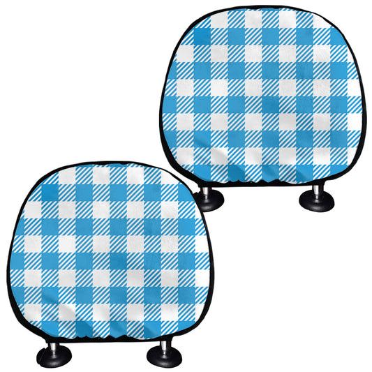 Azure Blue And White Gingham Print Car Headrest Covers