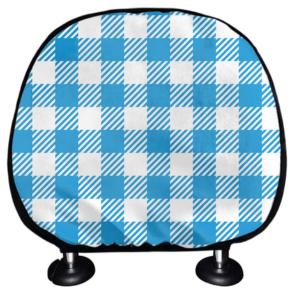 Azure Blue And White Gingham Print Car Headrest Covers