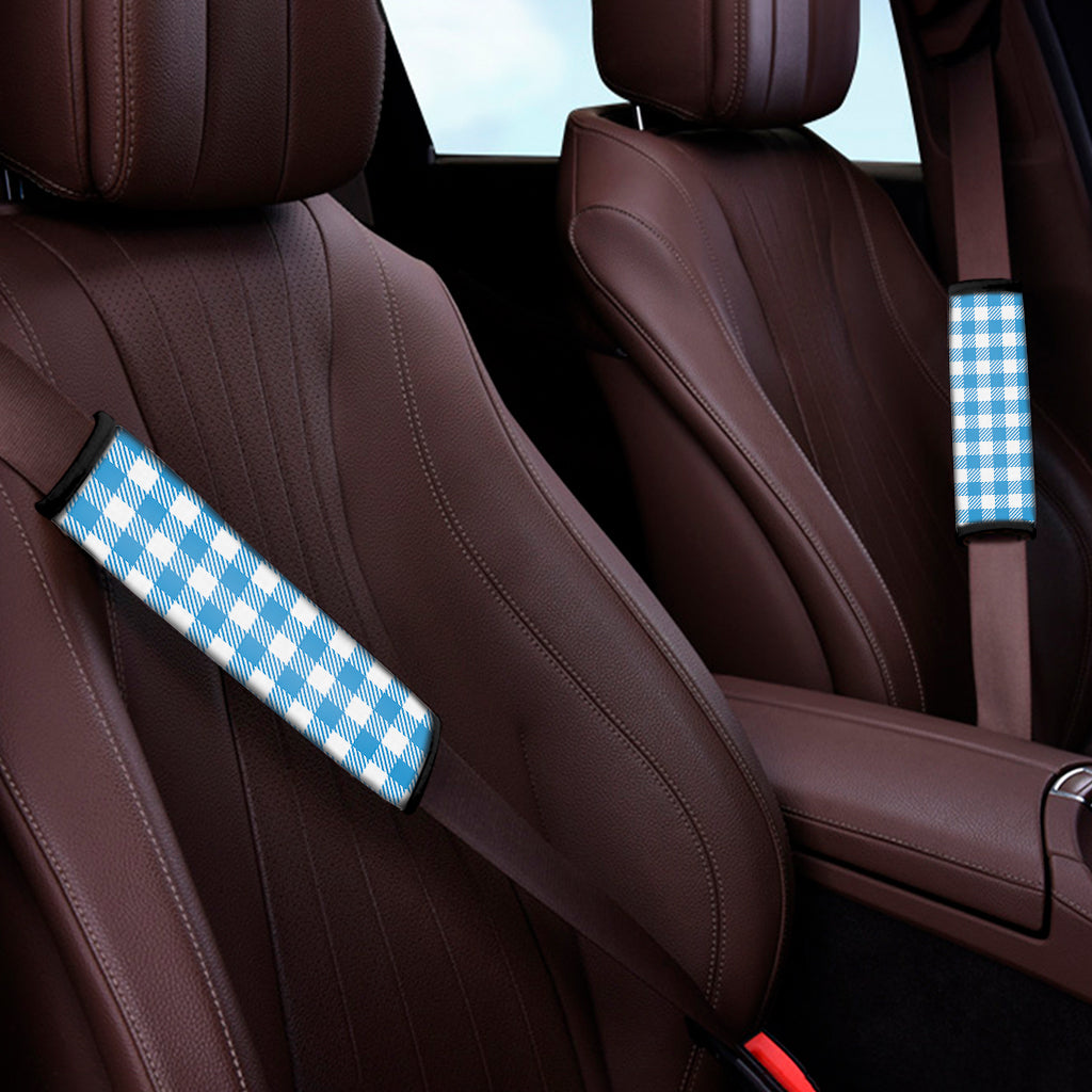 Azure Blue And White Gingham Print Car Seat Belt Covers
