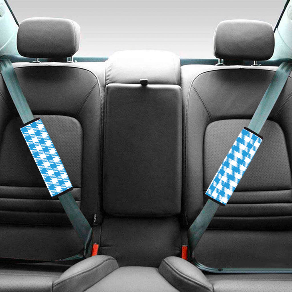 Azure Blue And White Gingham Print Car Seat Belt Covers