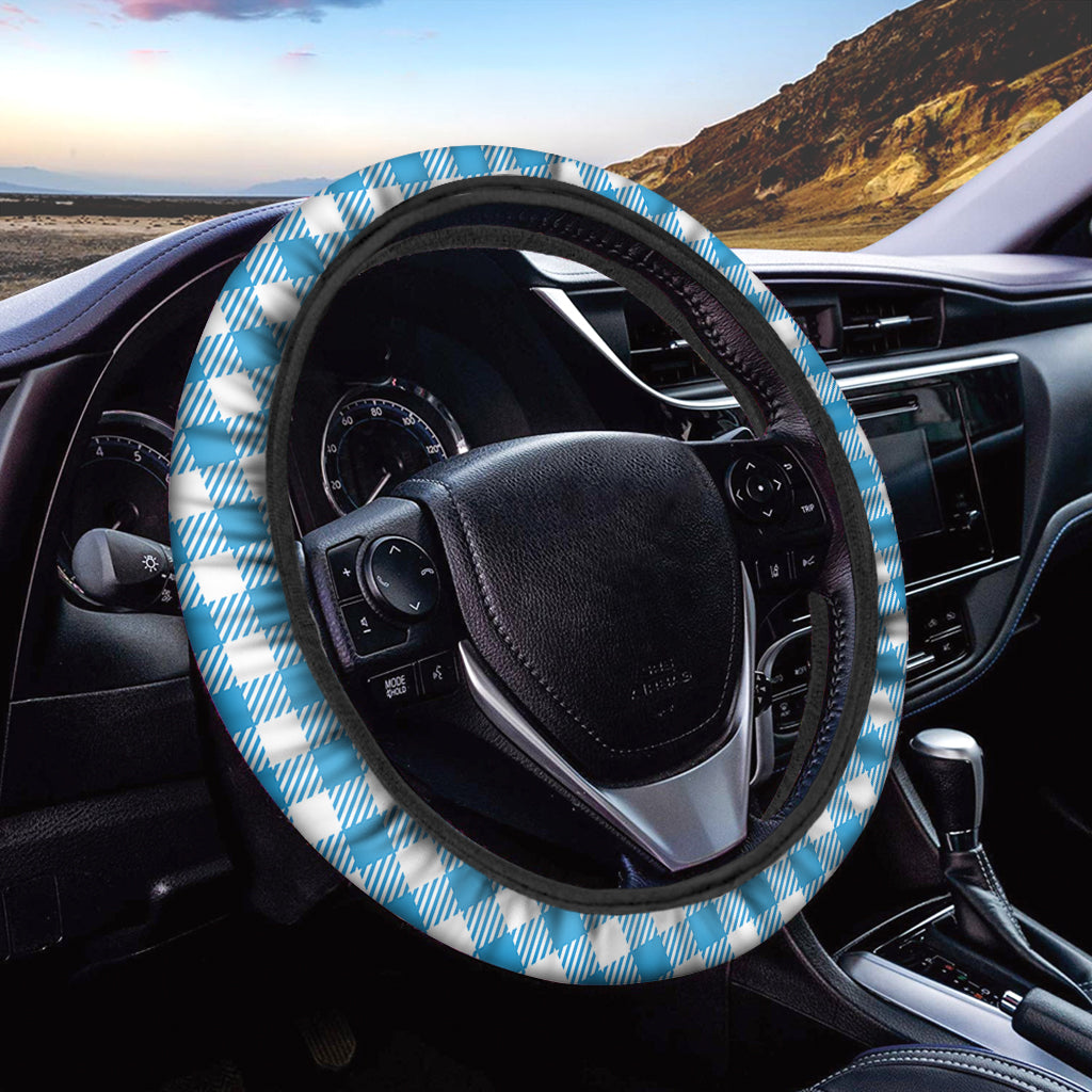 Azure Blue And White Gingham Print Car Steering Wheel Cover