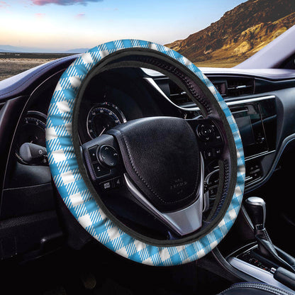 Azure Blue And White Gingham Print Car Steering Wheel Cover