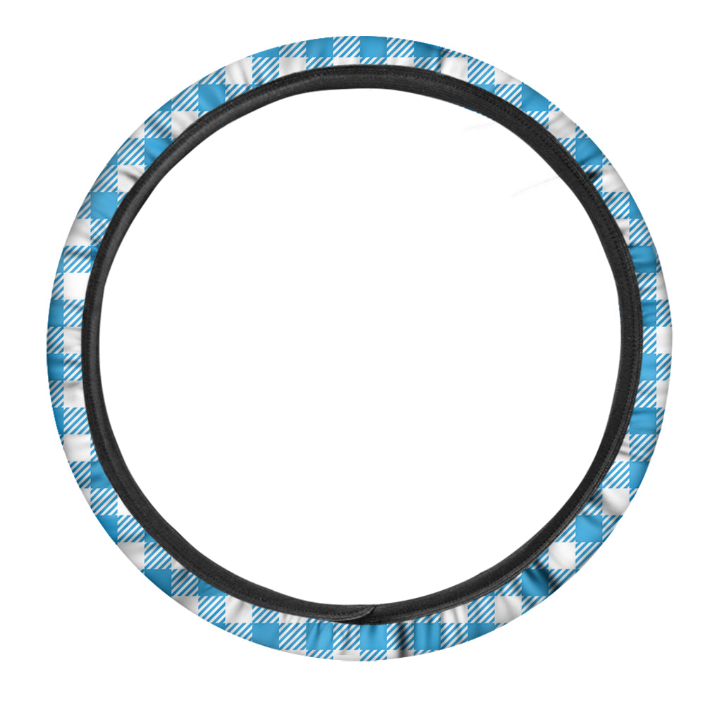Azure Blue And White Gingham Print Car Steering Wheel Cover