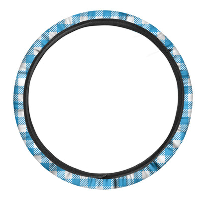 Azure Blue And White Gingham Print Car Steering Wheel Cover