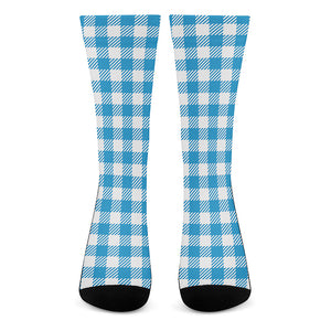 Azure Blue And White Gingham Print Crew Socks