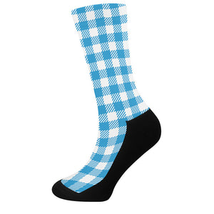 Azure Blue And White Gingham Print Crew Socks