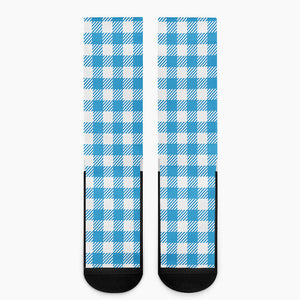 Azure Blue And White Gingham Print Crew Socks