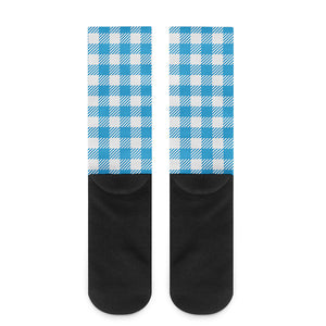 Azure Blue And White Gingham Print Crew Socks