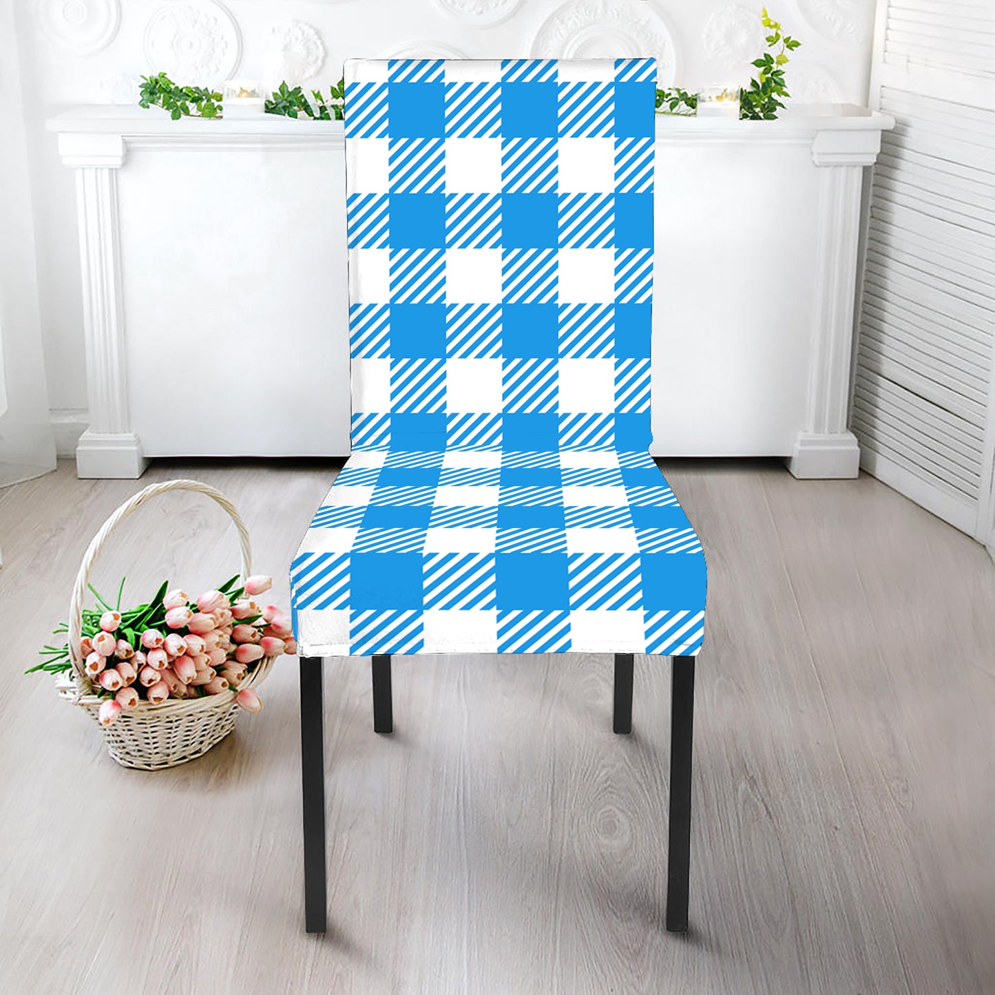 Azure Blue And White Gingham Print Dining Chair Slipcover