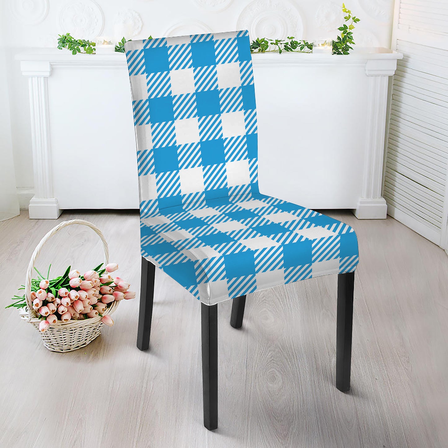 Azure Blue And White Gingham Print Dining Chair Slipcover