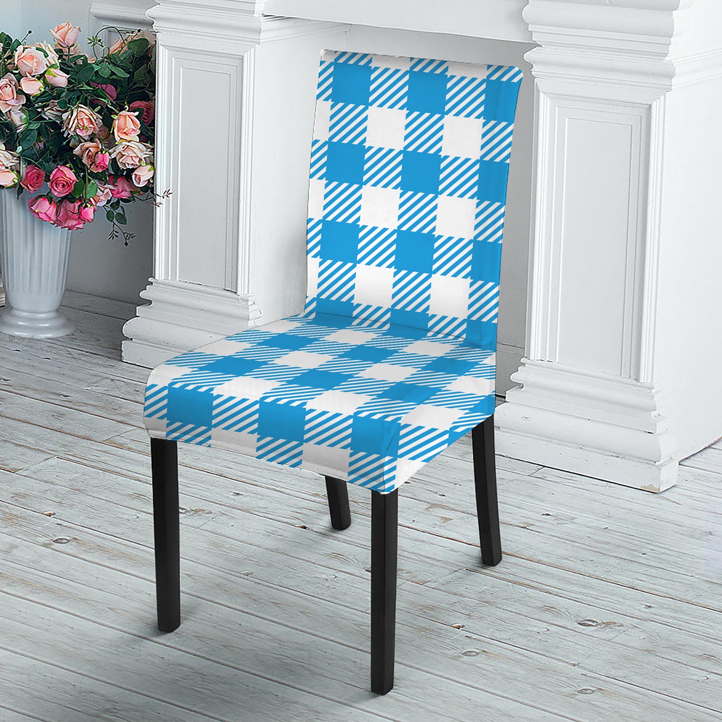 Azure Blue And White Gingham Print Dining Chair Slipcover
