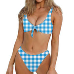 Azure Blue And White Gingham Print Front Bow Tie Bikini