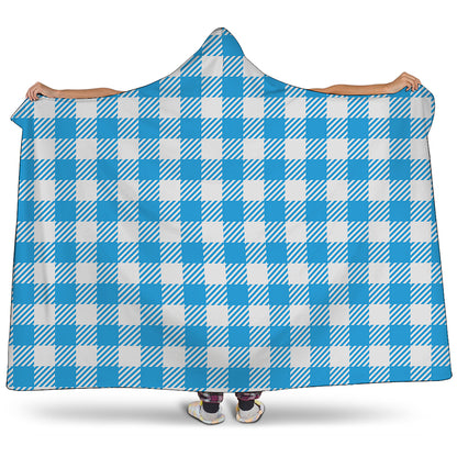 Azure Blue And White Gingham Print Hooded Blanket
